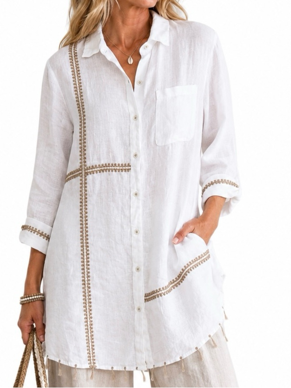 Ivy Jane 100% Linen Embellished Button Front Tunic Shirt Fringe Hem L